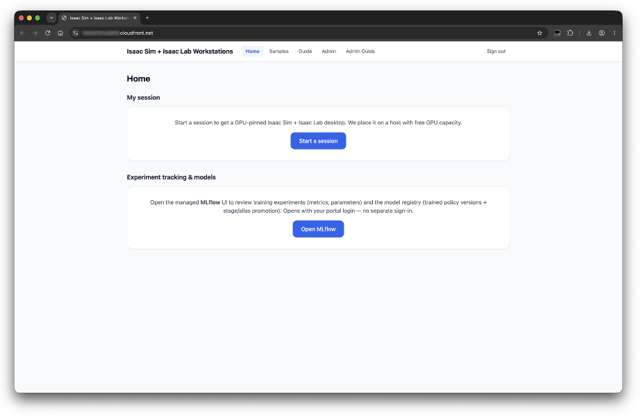 Figure 3. The portal Home tab. One button claims a GPU-pinned Isaac Sim desktop; the second opens managed MLflow with the same portal login, no separate sign-in and no AWS credentials.